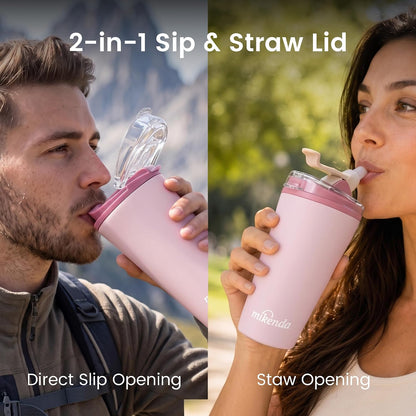 14oz Vacuum Insulated Tumbler with Straw Lid, Stainless Steel Double Wall Travel Cup, 2-in-1 Sip & Straw Lid, BPA Free Reusable Cup for Water, Iced Coffee, Tea, Hot Cold Drinks, Pink