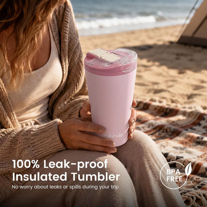 14oz Vacuum Insulated Tumbler with Straw Lid, Stainless Steel Double Wall Travel Cup, 2-in-1 Sip & Straw Lid, BPA Free Reusable Cup for Water, Iced Coffee, Tea, Hot Cold Drinks, Pink
