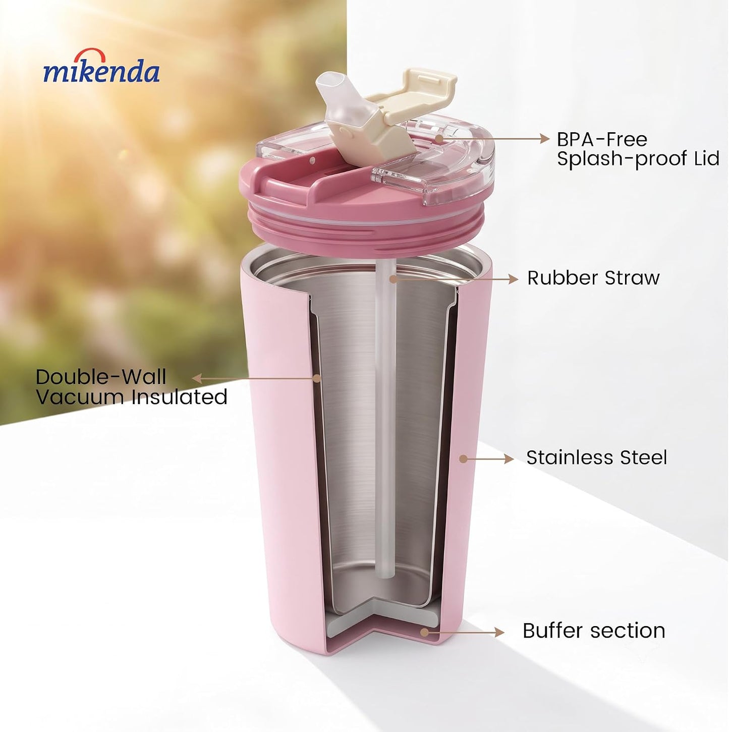 14oz Vacuum Insulated Tumbler with Straw Lid, Stainless Steel Double Wall Travel Cup, 2-in-1 Sip & Straw Lid, BPA Free Reusable Cup for Water, Iced Coffee, Tea, Hot Cold Drinks, Pink