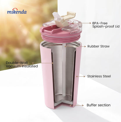 14oz Vacuum Insulated Tumbler with Straw Lid, Stainless Steel Double Wall Travel Cup, 2-in-1 Sip & Straw Lid, BPA Free Reusable Cup for Water, Iced Coffee, Tea, Hot Cold Drinks, Pink