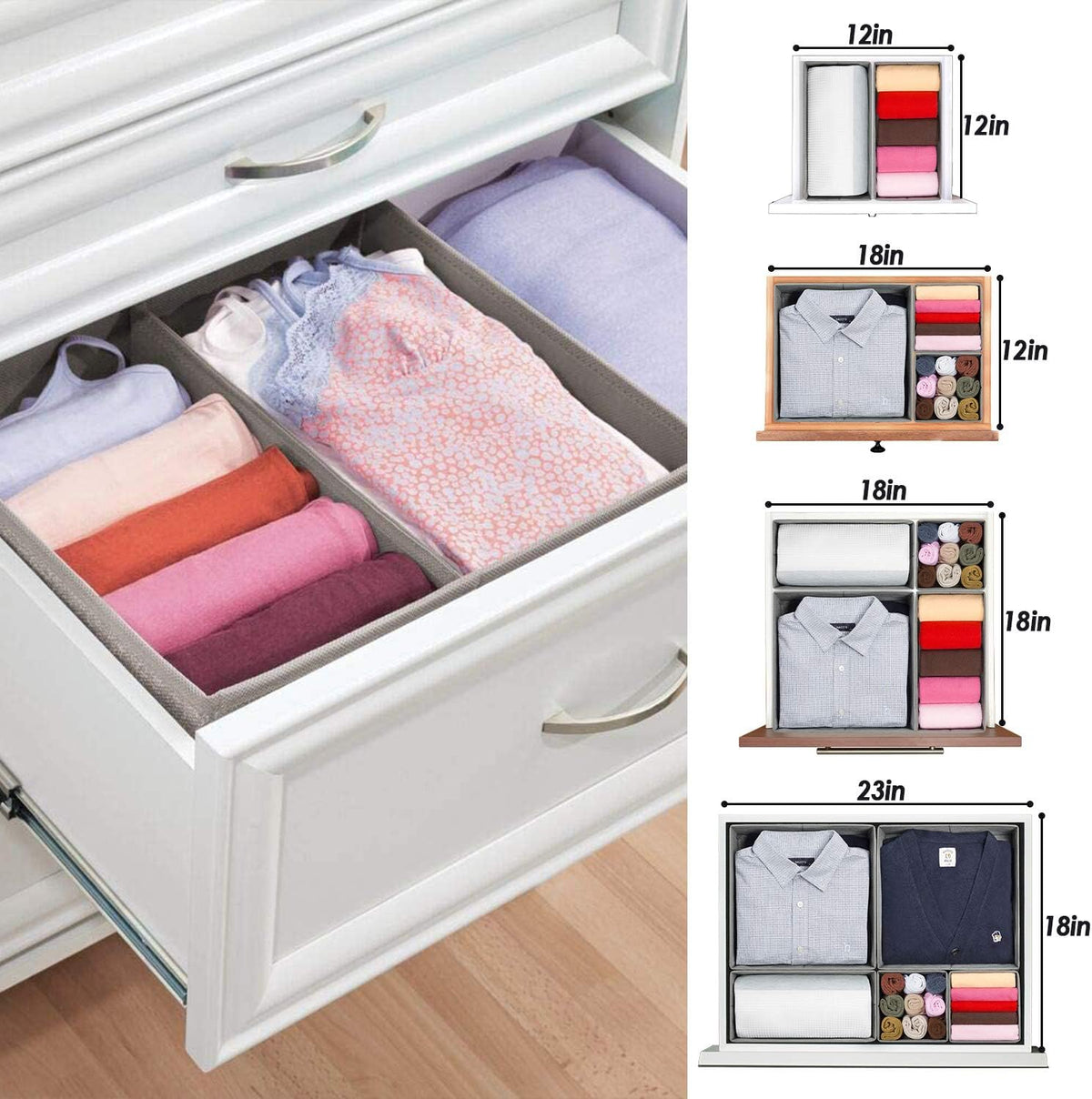 Drawer Organizers for Clothing, Foldable Clothes Storage Box Closet Dresser Drawer Organizers Dividers, Bedroom Organization Fabric Bins for Baby Clothes Underwear Sock Bra Ties (Beige)