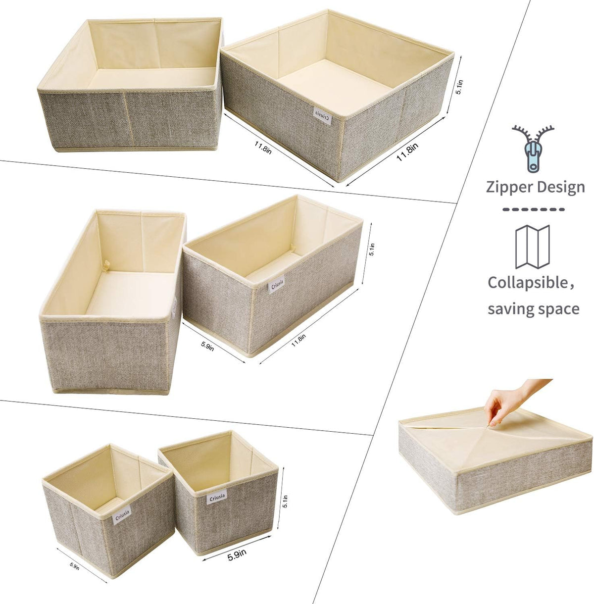 Drawer Organizers for Clothing, Foldable Clothes Storage Box Closet Dresser Drawer Organizers Dividers, Bedroom Organization Fabric Bins for Baby Clothes Underwear Sock Bra Ties (Beige)