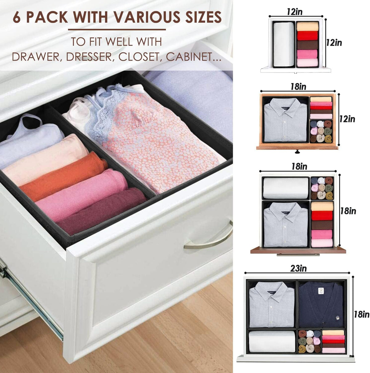 Drawer Organizers for Clothing, Foldable Clothes Storage Box Closet Dresser Drawer Organizers Dividers, Bedroom Organization Fabric Bins for Baby Clothes Underwear Sock Bra Ties (Beige)