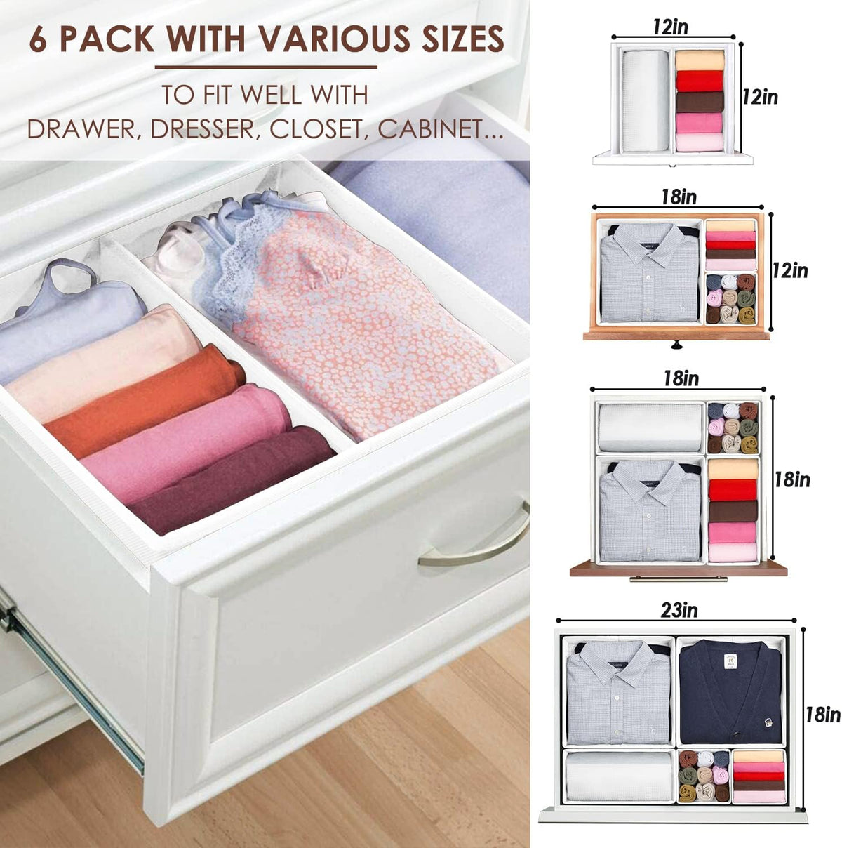 Drawer Organizers for Clothing, Foldable Clothes Storage Box Closet Dresser Drawer Organizers Dividers, Bedroom Organization Fabric Bins for Baby Clothes Underwear Sock Bra Ties (Beige)