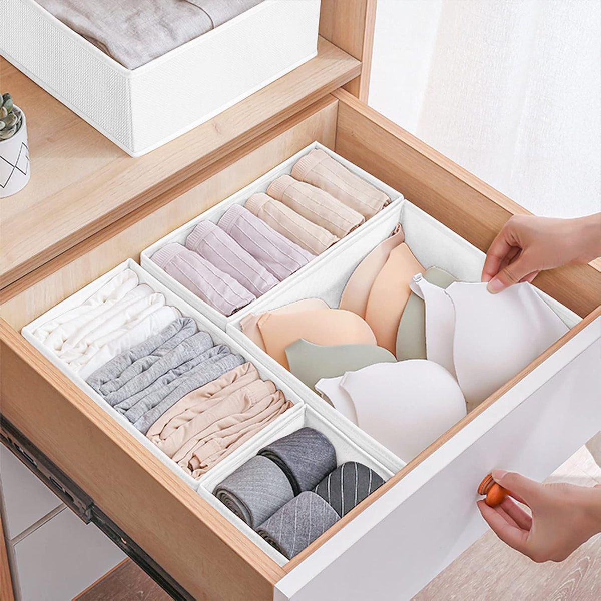 Drawer Organizers for Clothing, Foldable Clothes Storage Box Closet Dresser Drawer Organizers Dividers, Bedroom Organization Fabric Bins for Baby Clothes Underwear Sock Bra Ties (Beige)