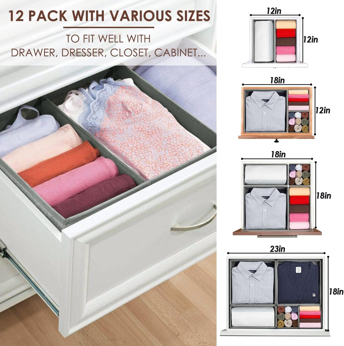 Drawer Organizers for Clothing, Foldable Clothes Storage Box Closet Dresser Drawer Organizers Dividers, Bedroom Organization Fabric Bins for Baby Clothes Underwear Sock Bra Ties (Beige)