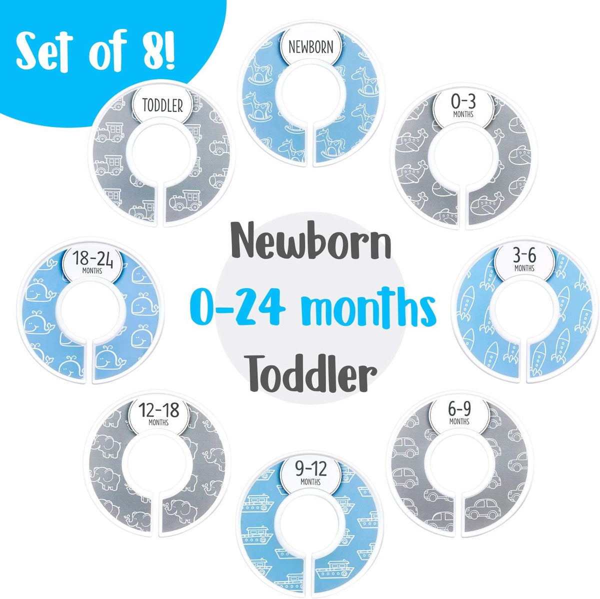 Baby Closet Dividers (Baby Blue) – Fits 1.5" Rod - Set of 8 Baby Clothes Organizers – Organize Nursery Hangers Size/Age