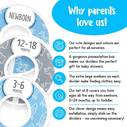 Baby Closet Dividers (Baby Blue) – Fits 1.5" Rod - Set of 8 Baby Clothes Organizers – Organize Nursery Hangers Size/Age