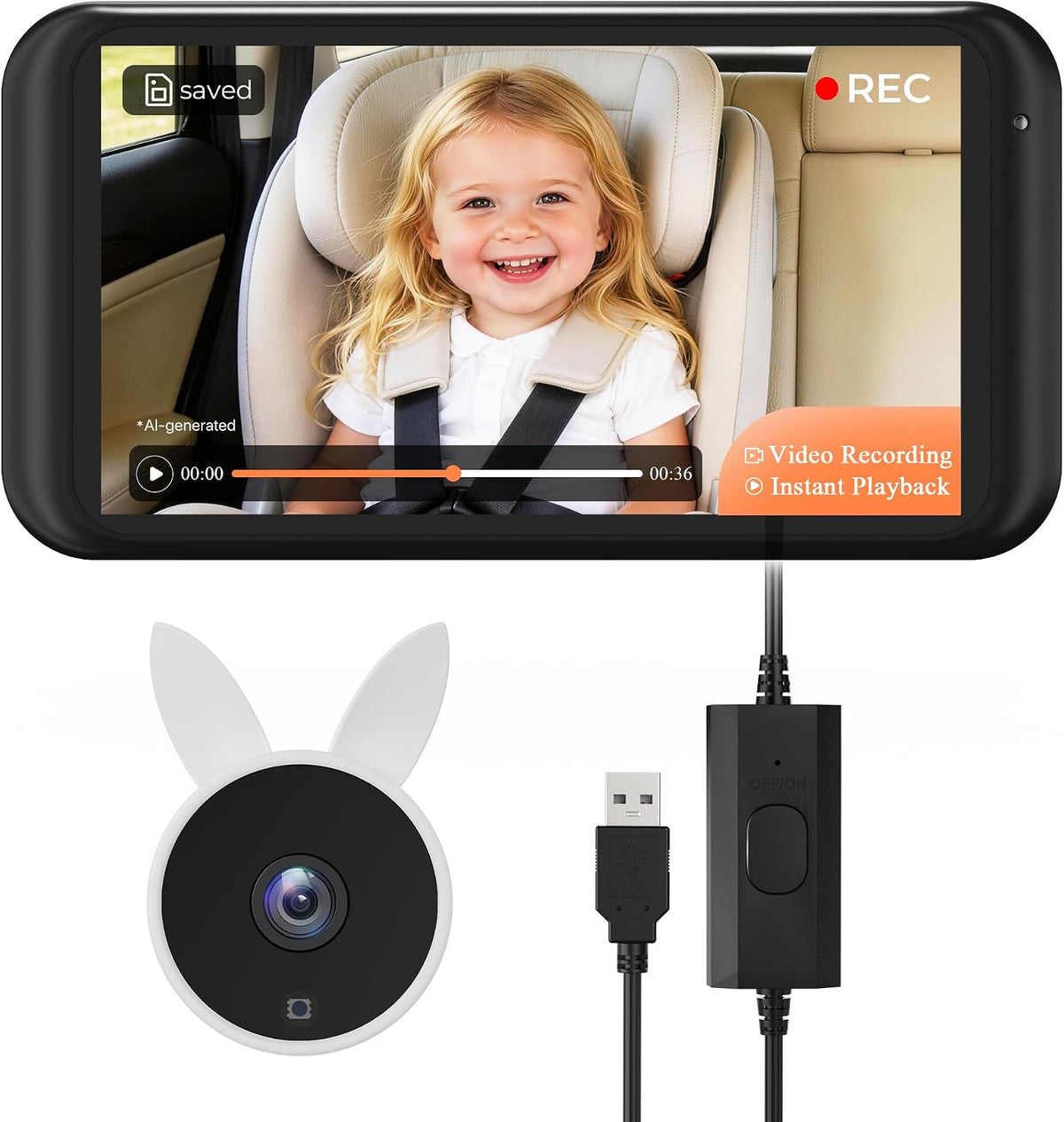 BV2MAX Baby Car Camera, White 4.5" 1080P Monitor with Recording