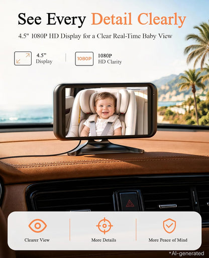 BV2MAX Baby Car Camera, White 4.5" 1080P Monitor with Recording
