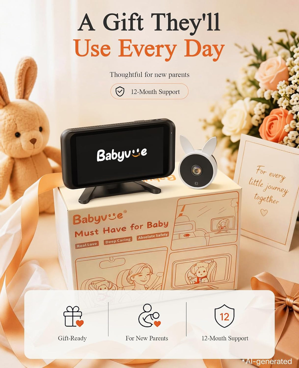 BV2MAX Baby Car Camera, White 4.5" 1080P Monitor with Recording