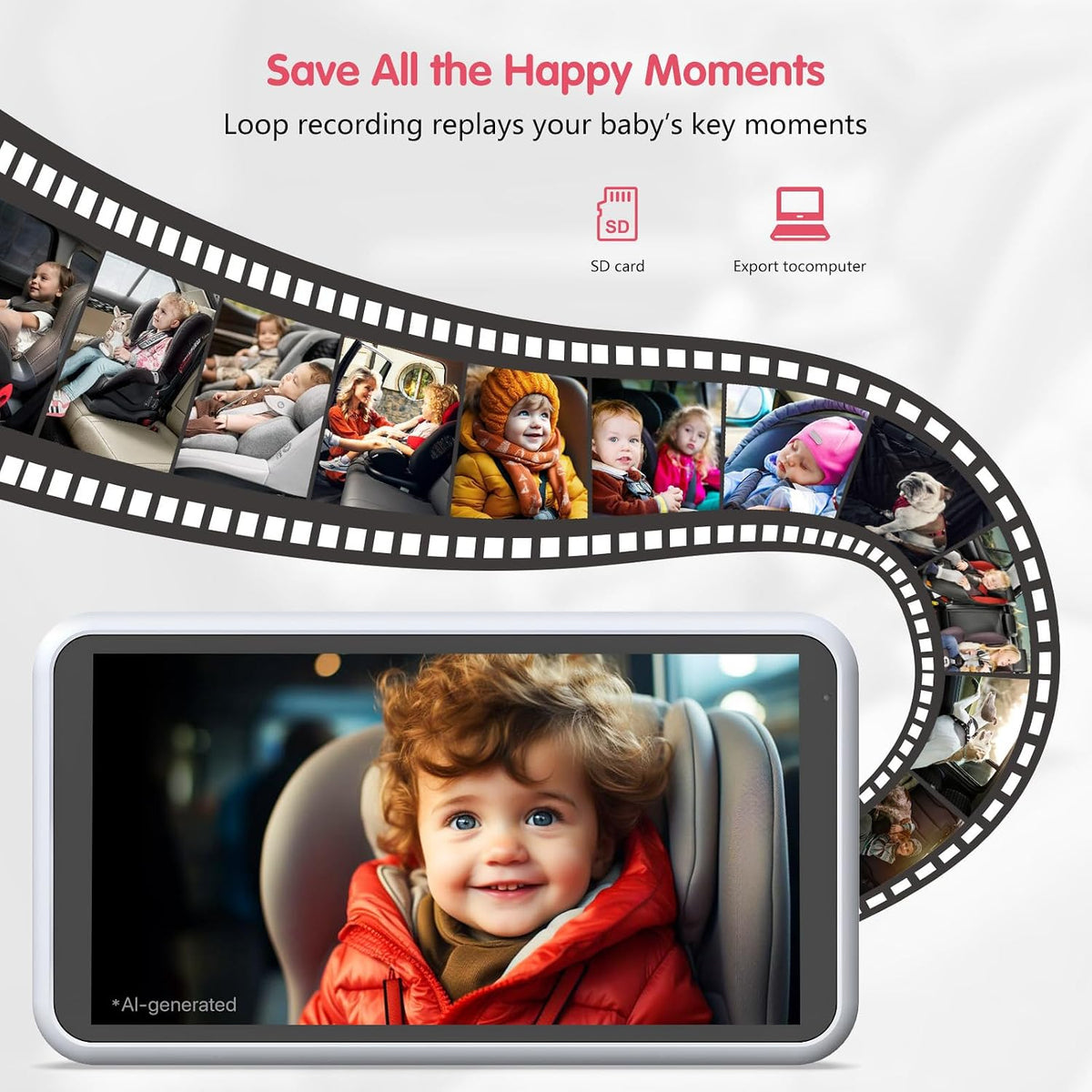 BM3 Baby Car Camera, 5.2" 1080P Monitor with Recording
