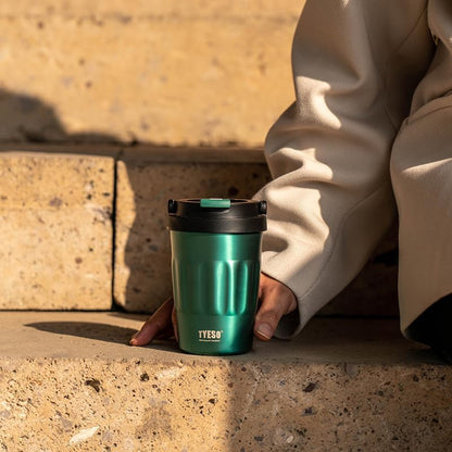 Stainless Steel Portable Tumbler with Flip Lid,Travel Mug with Concealed Carry Handle, Leakproof Insulated Coffee Cup (GREEN, 13 OZ)