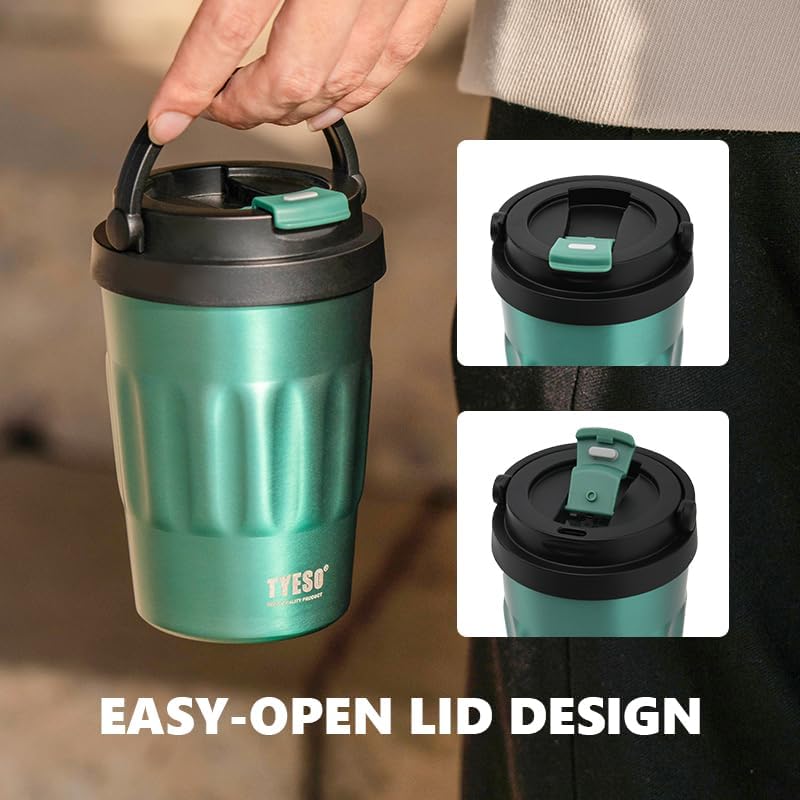 Stainless Steel Portable Tumbler with Flip Lid,Travel Mug with Concealed Carry Handle, Leakproof Insulated Coffee Cup (GREEN, 13 OZ)