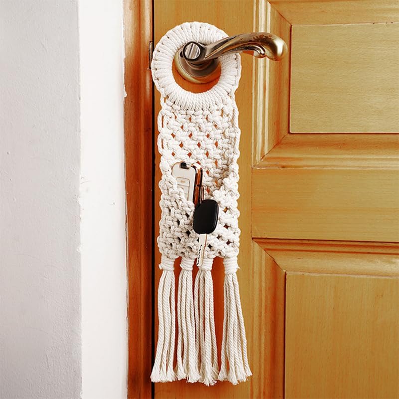 Macrame Hanging Wall Organizer - Small Boho Woven Storage Pouch for Keys, Phone & Mail - Decorative Cotton Tassel Tapestry for Dorm Room, Bedside & Narrow Spaces