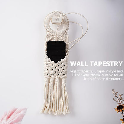Macrame Hanging Wall Organizer - Small Boho Woven Storage Pouch for Keys, Phone & Mail - Decorative Cotton Tassel Tapestry for Dorm Room, Bedside & Narrow Spaces