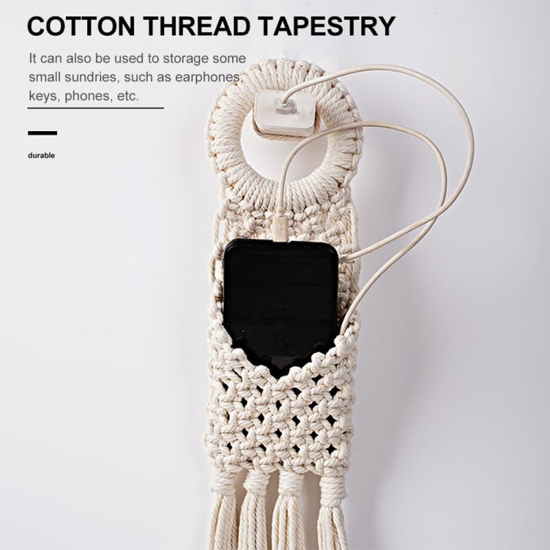 Macrame Hanging Wall Organizer - Small Boho Woven Storage Pouch for Keys, Phone & Mail - Decorative Cotton Tassel Tapestry for Dorm Room, Bedside & Narrow Spaces