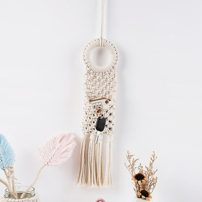 Macrame Hanging Wall Organizer - Small Boho Woven Storage Pouch for Keys, Phone & Mail - Decorative Cotton Tassel Tapestry for Dorm Room, Bedside & Narrow Spaces
