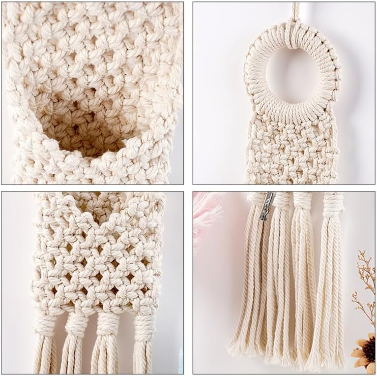 Macrame Hanging Wall Organizer - Small Boho Woven Storage Pouch for Keys, Phone & Mail - Decorative Cotton Tassel Tapestry for Dorm Room, Bedside & Narrow Spaces