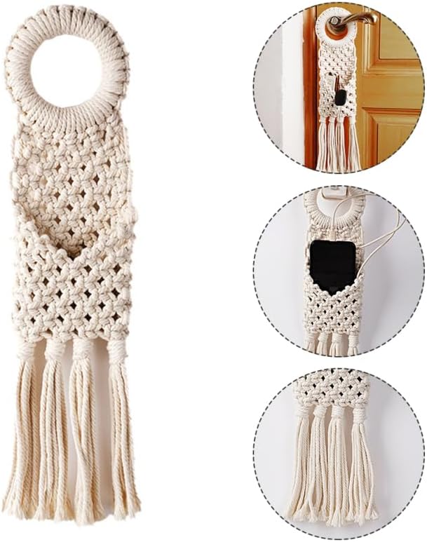 Macrame Hanging Wall Organizer - Small Boho Woven Storage Pouch for Keys, Phone & Mail - Decorative Cotton Tassel Tapestry for Dorm Room, Bedside & Narrow Spaces
