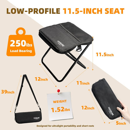 11.5" Tall Compact Collapsible Stool, Portable Folding Camp Stool with 2 Side Pockets, Lightweight Mini Folding Stool for Adults, Small Backpacking Stool for Fishing Hiking Trips (Black)