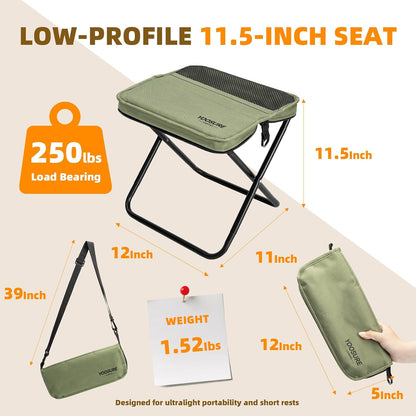 11.5" Tall Compact Collapsible Stool, Portable Folding Camp Stool with 2 Side Pockets, Lightweight Mini Folding Stool for Adults, Small Backpacking Stool for Fishing Hiking Trips (Black)