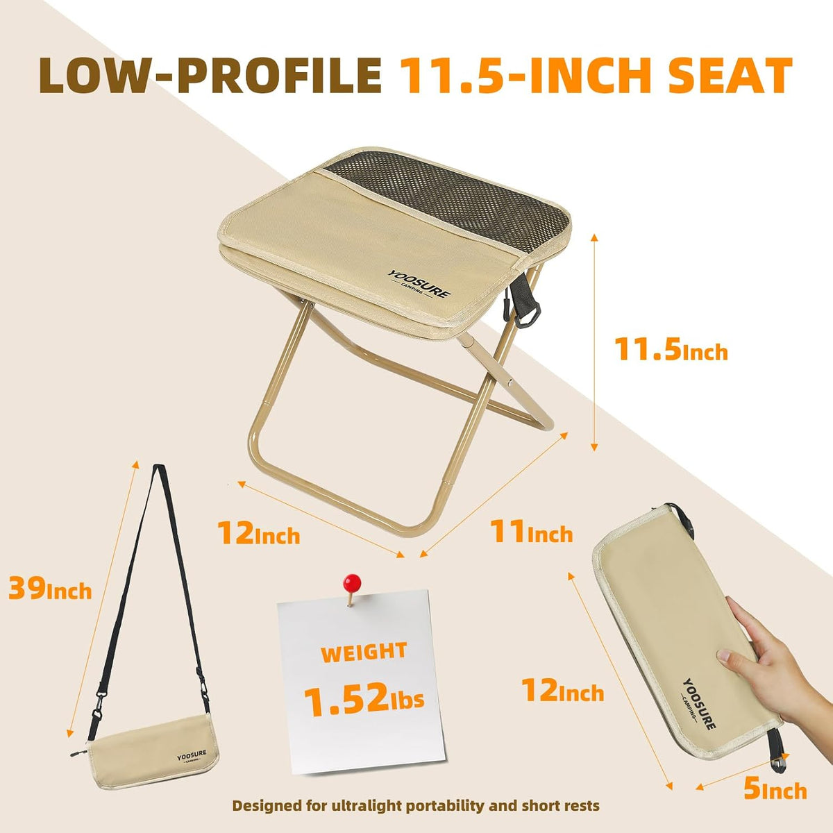 11.5" Tall Compact Collapsible Stool, Portable Folding Camp Stool with 2 Side Pockets, Lightweight Mini Folding Stool for Adults, Small Backpacking Stool for Fishing Hiking Trips (Black)
