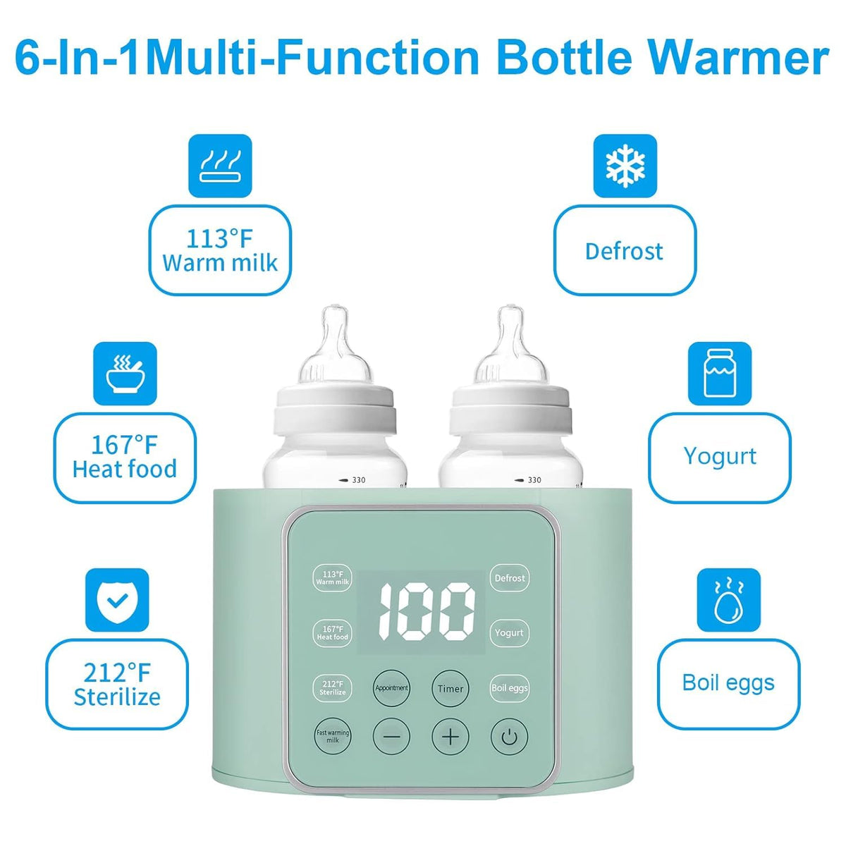 Baby Bottle Warmer 9-in-1 Multifuntion Breast Milk Warmer, Fast Baby Food Heater and Defrost Warmer with Timer for Twins, LCD Display Accurate Temperature Adjustment, 24H Constant Mode