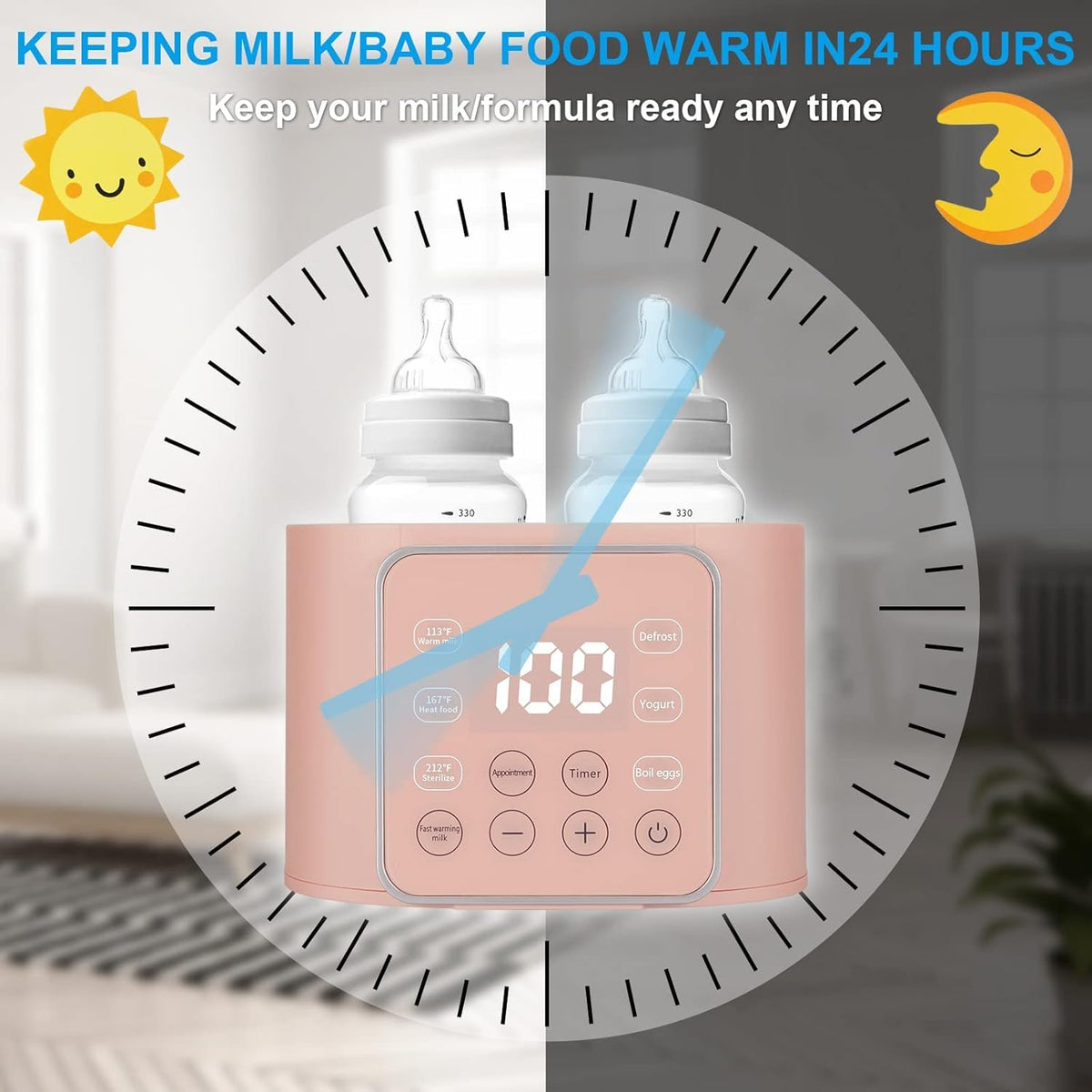 Baby Bottle Warmer 9-in-1 Multifuntion Breast Milk Warmer, Fast Baby Food Heater and Defrost Warmer with Timer for Twins, LCD Display Accurate Temperature Adjustment, 24H Constant Mode