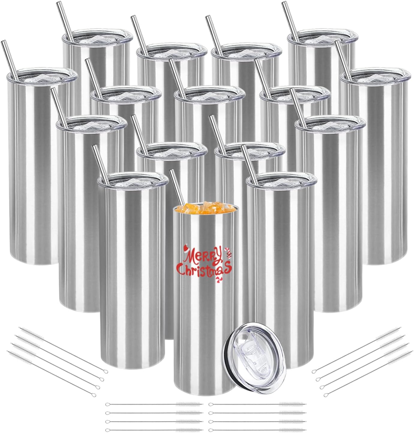 16 Pack Stainless Steel Skinny Tumblers Blank Bulk Straight Double Wall Insulated Tumbler with Lid and Straw for, DIY Gift, 20oz Silver
