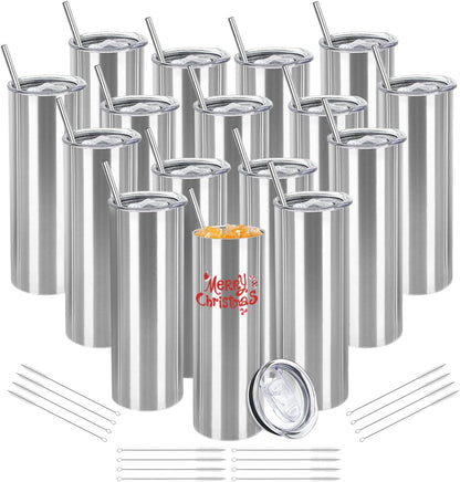 16 Pack Stainless Steel Skinny Tumblers Blank Bulk Straight Double Wall Insulated Tumbler with Lid and Straw for, DIY Gift, 20oz Silver