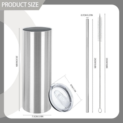 16 Pack Stainless Steel Skinny Tumblers Blank Bulk Straight Double Wall Insulated Tumbler with Lid and Straw for, DIY Gift, 20oz Silver