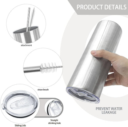 16 Pack Stainless Steel Skinny Tumblers Blank Bulk Straight Double Wall Insulated Tumbler with Lid and Straw for, DIY Gift, 20oz Silver