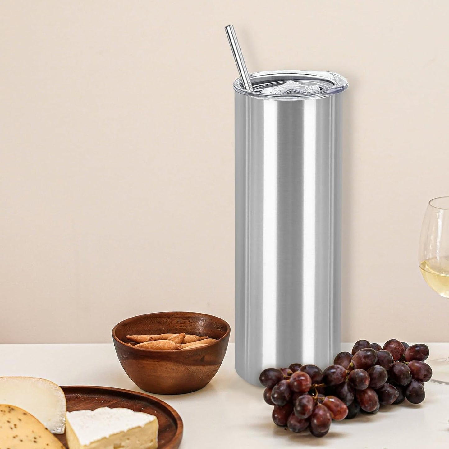 16 Pack Stainless Steel Skinny Tumblers Blank Bulk Straight Double Wall Insulated Tumbler with Lid and Straw for, DIY Gift, 20oz Silver