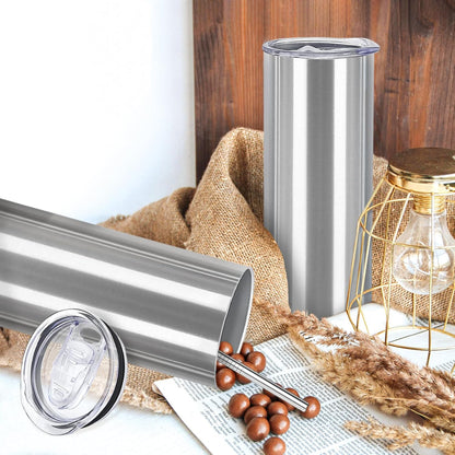 16 Pack Stainless Steel Skinny Tumblers Blank Bulk Straight Double Wall Insulated Tumbler with Lid and Straw for, DIY Gift, 20oz Silver