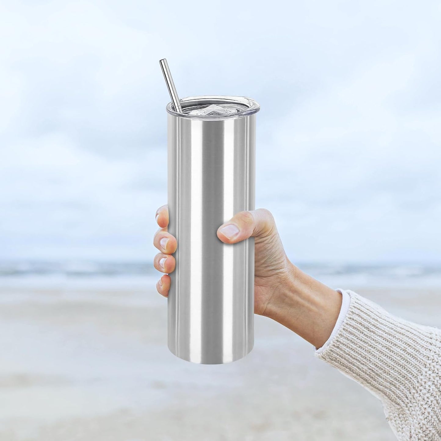 16 Pack Stainless Steel Skinny Tumblers Blank Bulk Straight Double Wall Insulated Tumbler with Lid and Straw for, DIY Gift, 20oz Silver