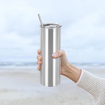 16 Pack Stainless Steel Skinny Tumblers Blank Bulk Straight Double Wall Insulated Tumbler with Lid and Straw for, DIY Gift, 20oz Silver
