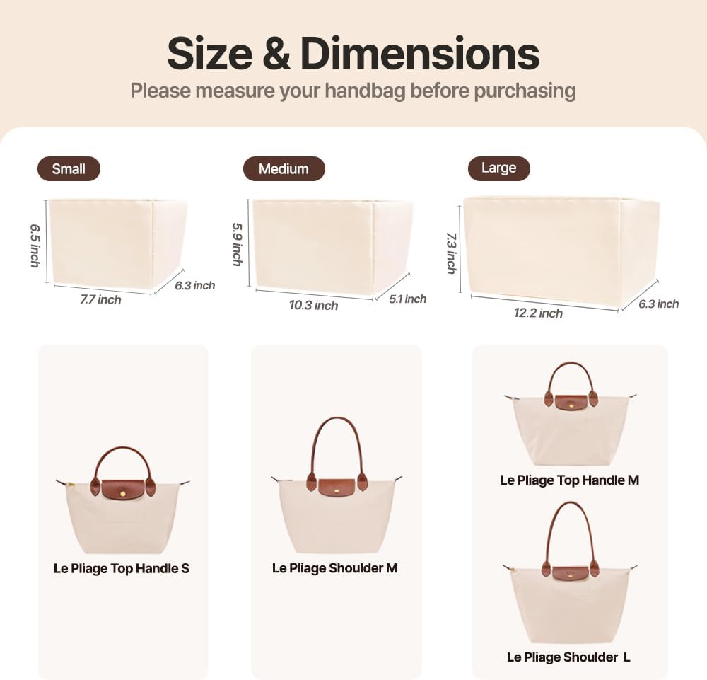 Waterproof Premium Nylon Purse Organizer Insert for Longchamp Le Pliage Tote Bag (Black, Large)