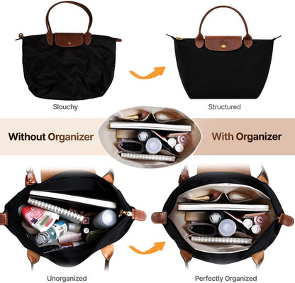 Waterproof Premium Nylon Purse Organizer Insert for Longchamp Le Pliage Tote Bag (Black, Large)