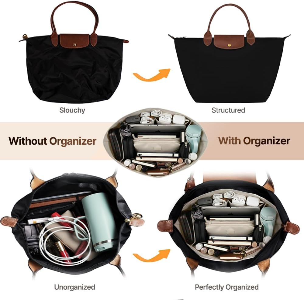 Waterproof Premium Nylon Purse Organizer Insert for Longchamp Le Pliage Tote Bag (Black, Large)