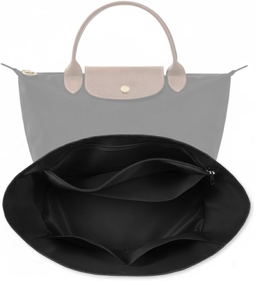 Waterproof Premium Nylon Purse Organizer Insert for Longchamp Le Pliage Tote Bag (Black, Large)