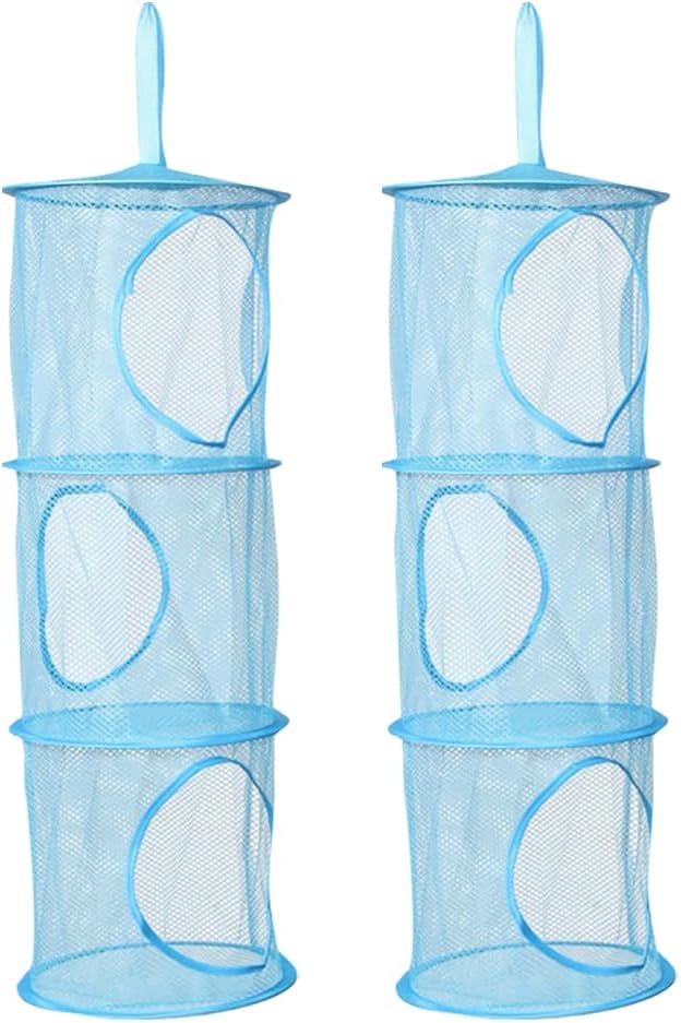 2 Pcs Toy Storage Hanging Mesh 3 Compartment Organizer Net Stuffed Animal Hammock Foldable Organizing Baskets Clothes Hanger Organizer Bag for Room Bathroom Closet Green