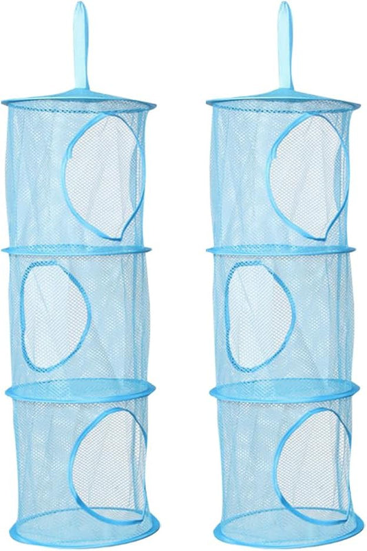 2 Pcs Toy Storage Hanging Mesh 3 Compartment Organizer Net Stuffed Animal Hammock Foldable Organizing Baskets Clothes Hanger Organizer Bag for Room Bathroom Closet Green