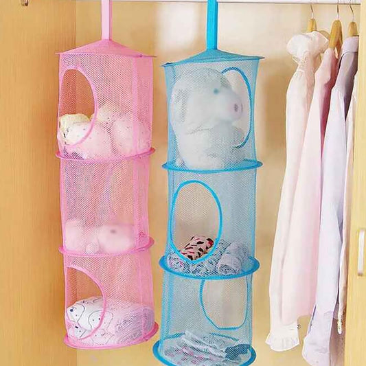 2 Pcs Toy Storage Hanging Mesh 3 Compartment Organizer Net Stuffed Animal Hammock Foldable Organizing Baskets Clothes Hanger Organizer Bag for Room Bathroom Closet Green