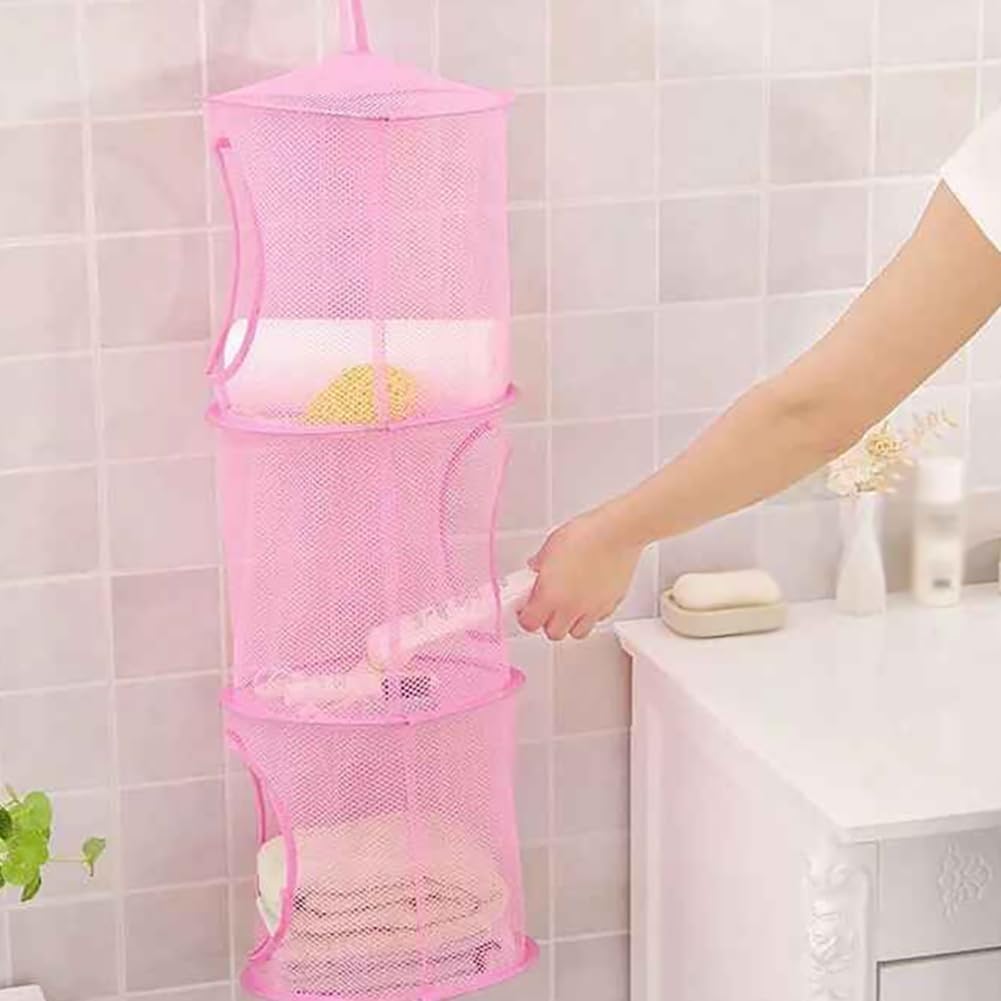2 Pcs Toy Storage Hanging Mesh 3 Compartment Organizer Net Stuffed Animal Hammock Foldable Organizing Baskets Clothes Hanger Organizer Bag for Room Bathroom Closet Green