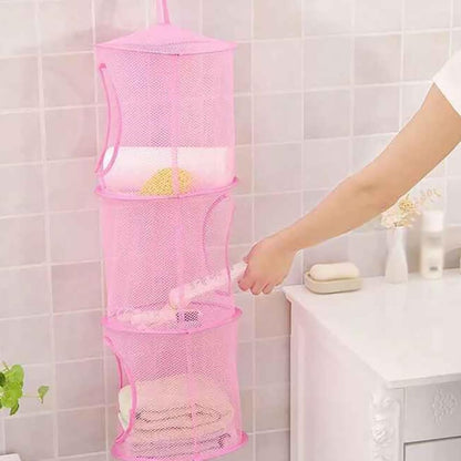 2 Pcs Toy Storage Hanging Mesh 3 Compartment Organizer Net Stuffed Animal Hammock Foldable Organizing Baskets Clothes Hanger Organizer Bag for Room Bathroom Closet Green