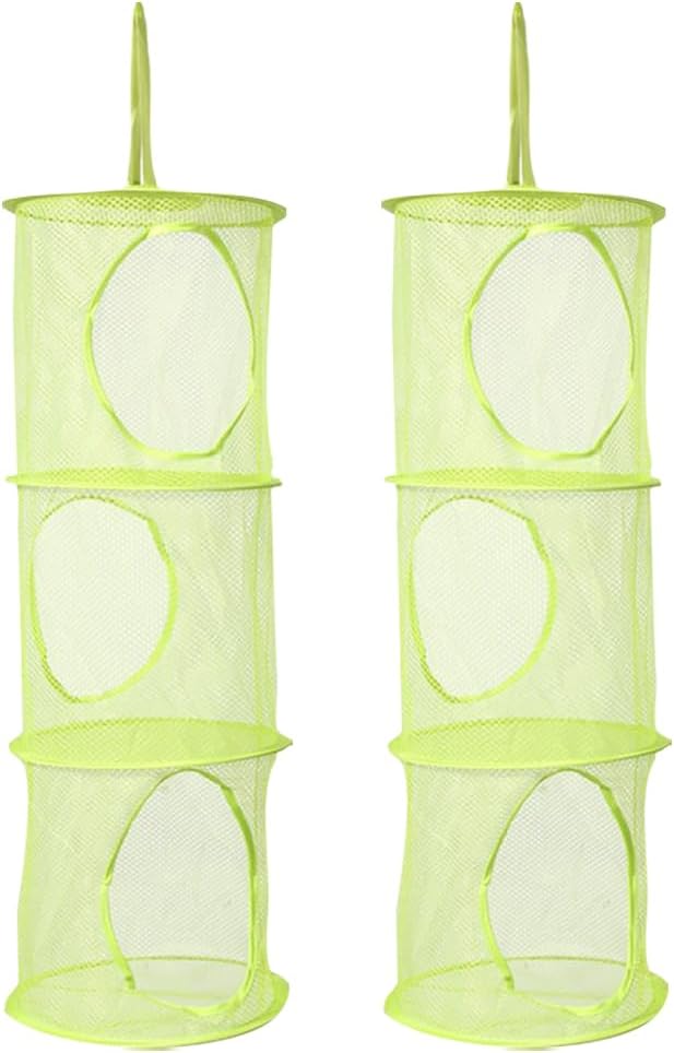 2 Pcs Toy Storage Hanging Mesh 3 Compartment Organizer Net Stuffed Animal Hammock Foldable Organizing Baskets Clothes Hanger Organizer Bag for Room Bathroom Closet Green
