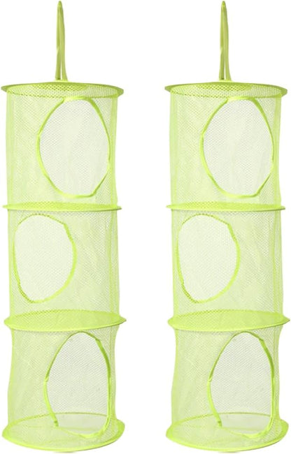 2 Pcs Toy Storage Hanging Mesh 3 Compartment Organizer Net Stuffed Animal Hammock Foldable Organizing Baskets Clothes Hanger Organizer Bag for Room Bathroom Closet Green