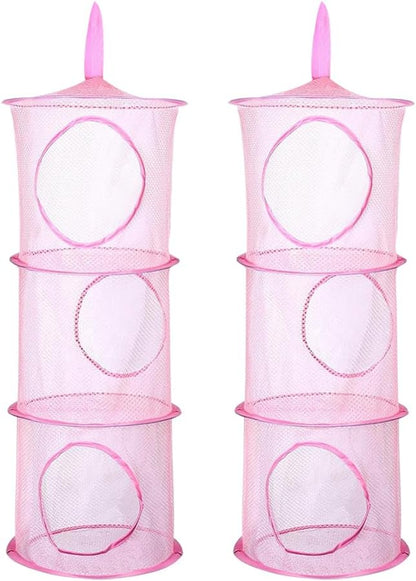 2 Pcs Toy Storage Hanging Mesh 3 Compartment Organizer Net Stuffed Animal Hammock Foldable Organizing Baskets Clothes Hanger Organizer Bag for Room Bathroom Closet Green