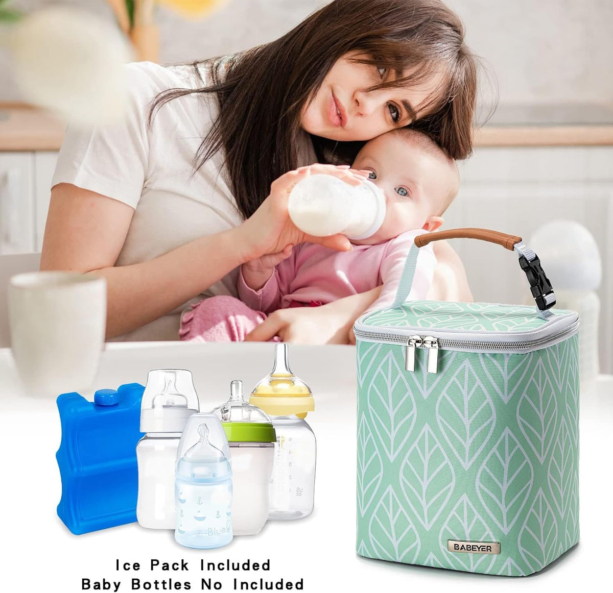 Breast Milk Cooler Bag with Ice Pack Fits 4 Baby Bottles Up to 9 Ounce, Baby Bottle Bag for Nursing Mom Daycare-Grey